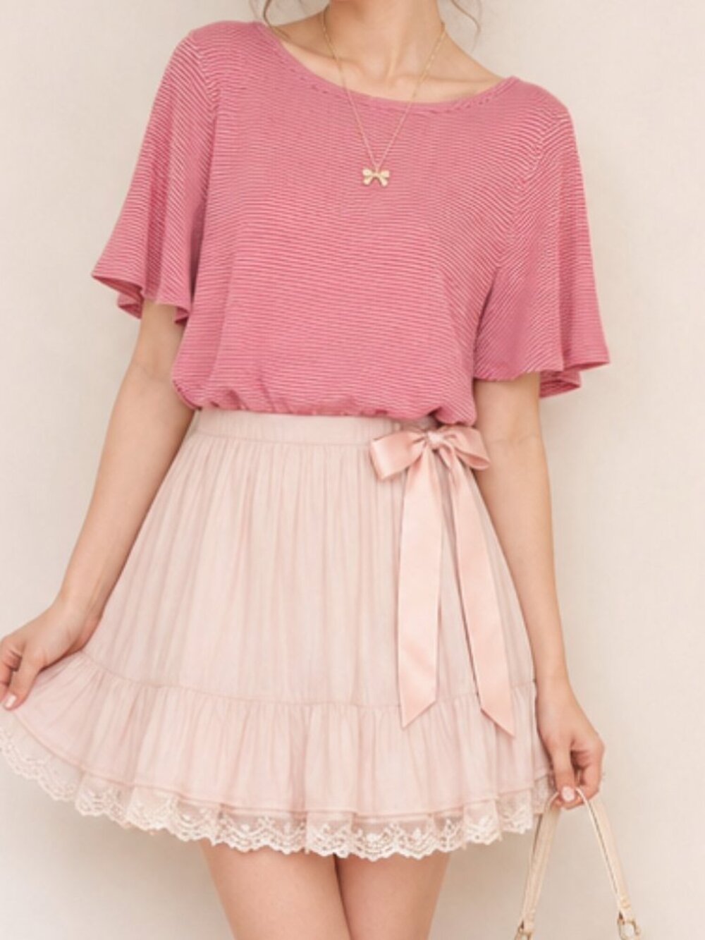 Lauren Conrad Pink White Striped Ribbed Bell Sleeve Top Medium Casual Soft Knit